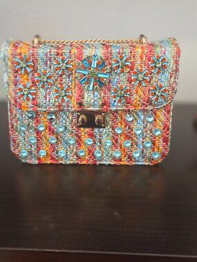 Emanuela Caruso Capri Embellished Tweed Crossbody Shoulder Bag Multicolor Gold